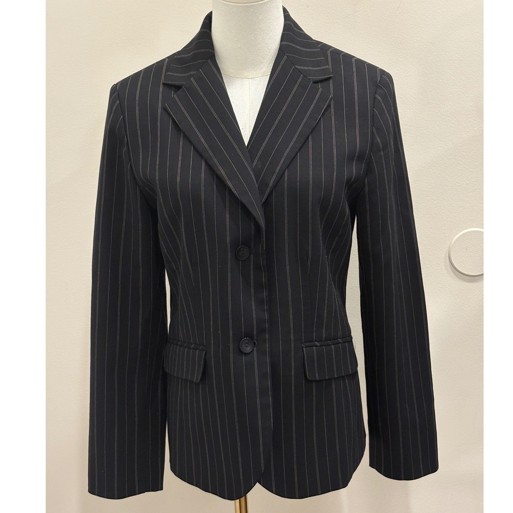 Pendleton Savvy Stretch Wool Pinstripe Blazer Black Two Button Jacket 8 Minimal